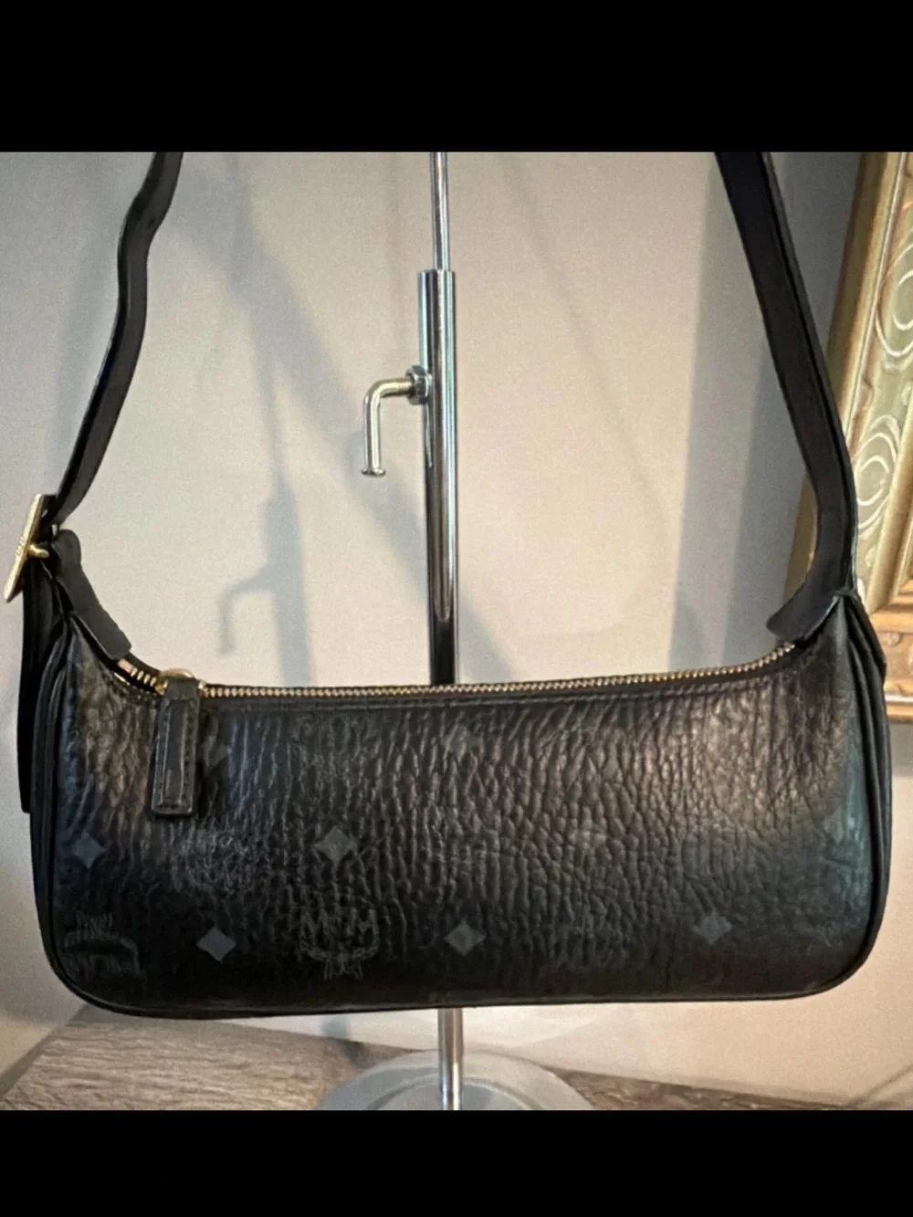 MCM Aren Visetos Monogram Print Shoulder Bag Black Pebble Leather & Card Wallet - Picture 4 of 16